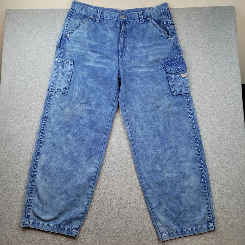 True Religion Cargo Pants Mens 38x32 Blue Acid Wash Baggy Y2K Streetwear